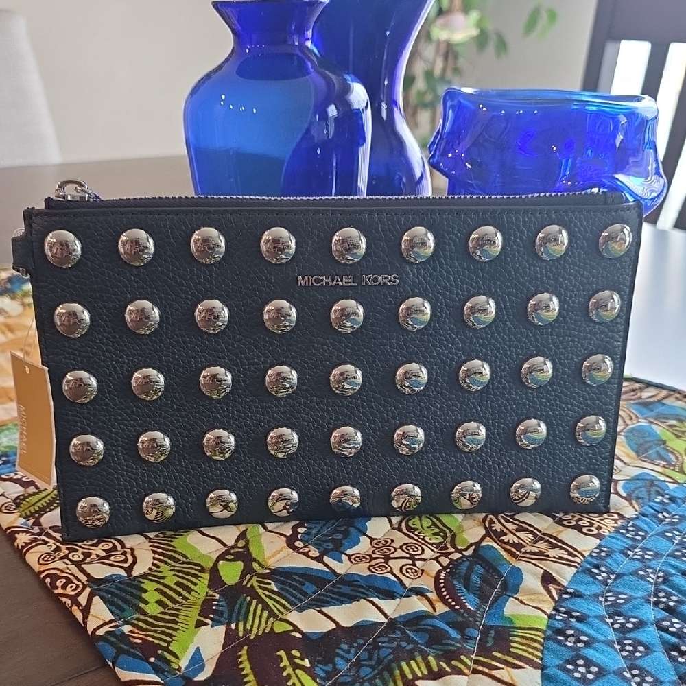 Michael Kors Black Studded Leather Wristlet Clutch